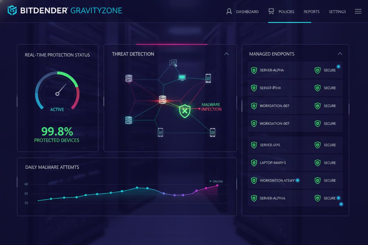 Bitdefender GravityZone EDR dashboard showing threat detection and endpoint management